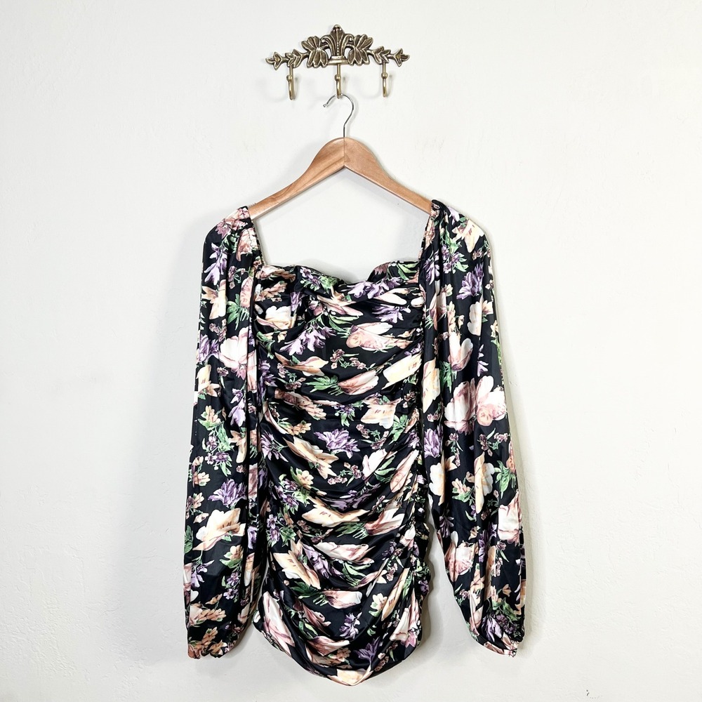 Nookie Simone Long Sleeve Mini Dress Black Floral Ruched Square Neck Size XS NEW